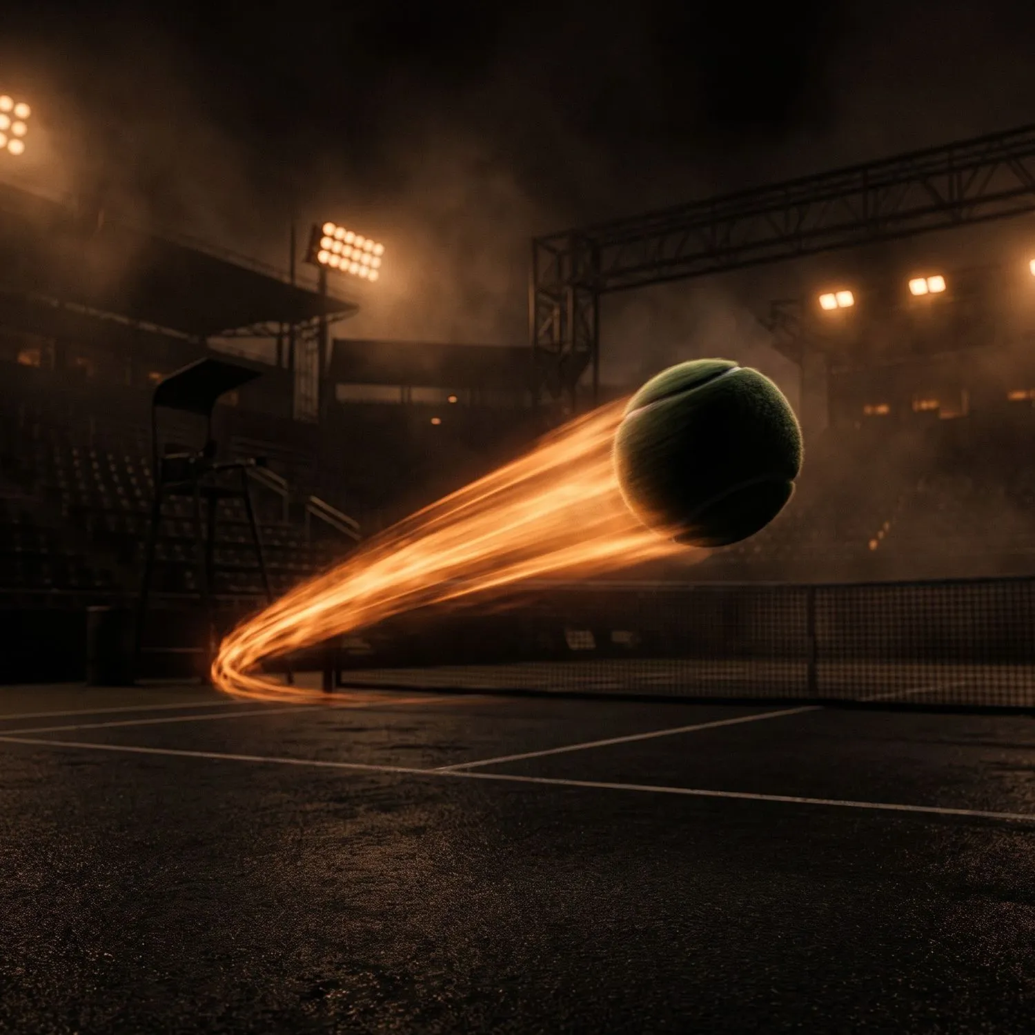 Floodlit tennis court at night with a glowing ball trail
