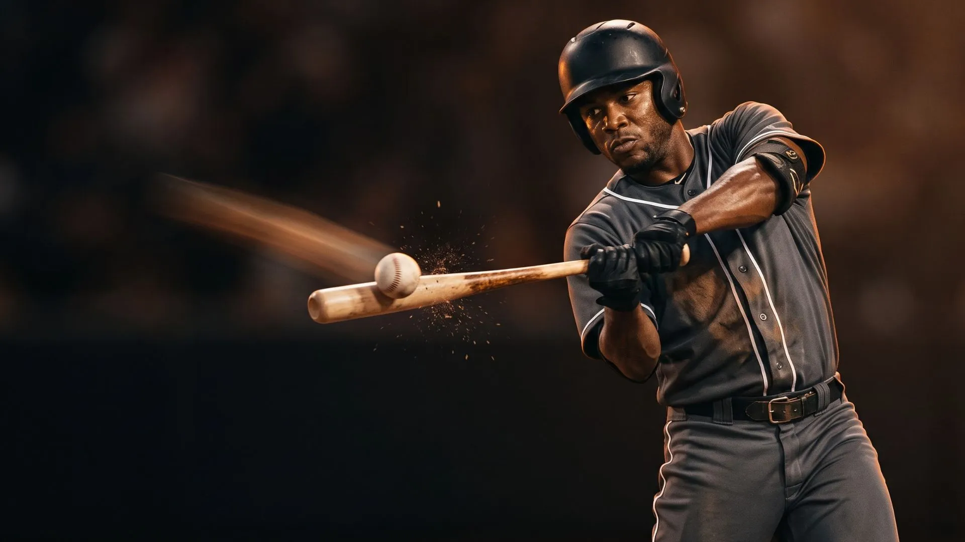 Floodlit baseball diamond with a pitched ball in motion