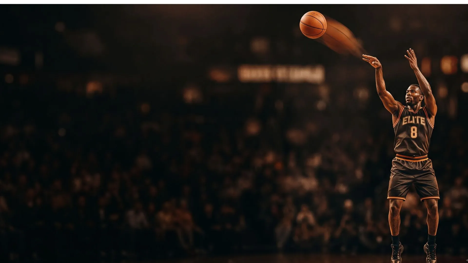 Indoor basketball arena with a spotlit court and glowing ball